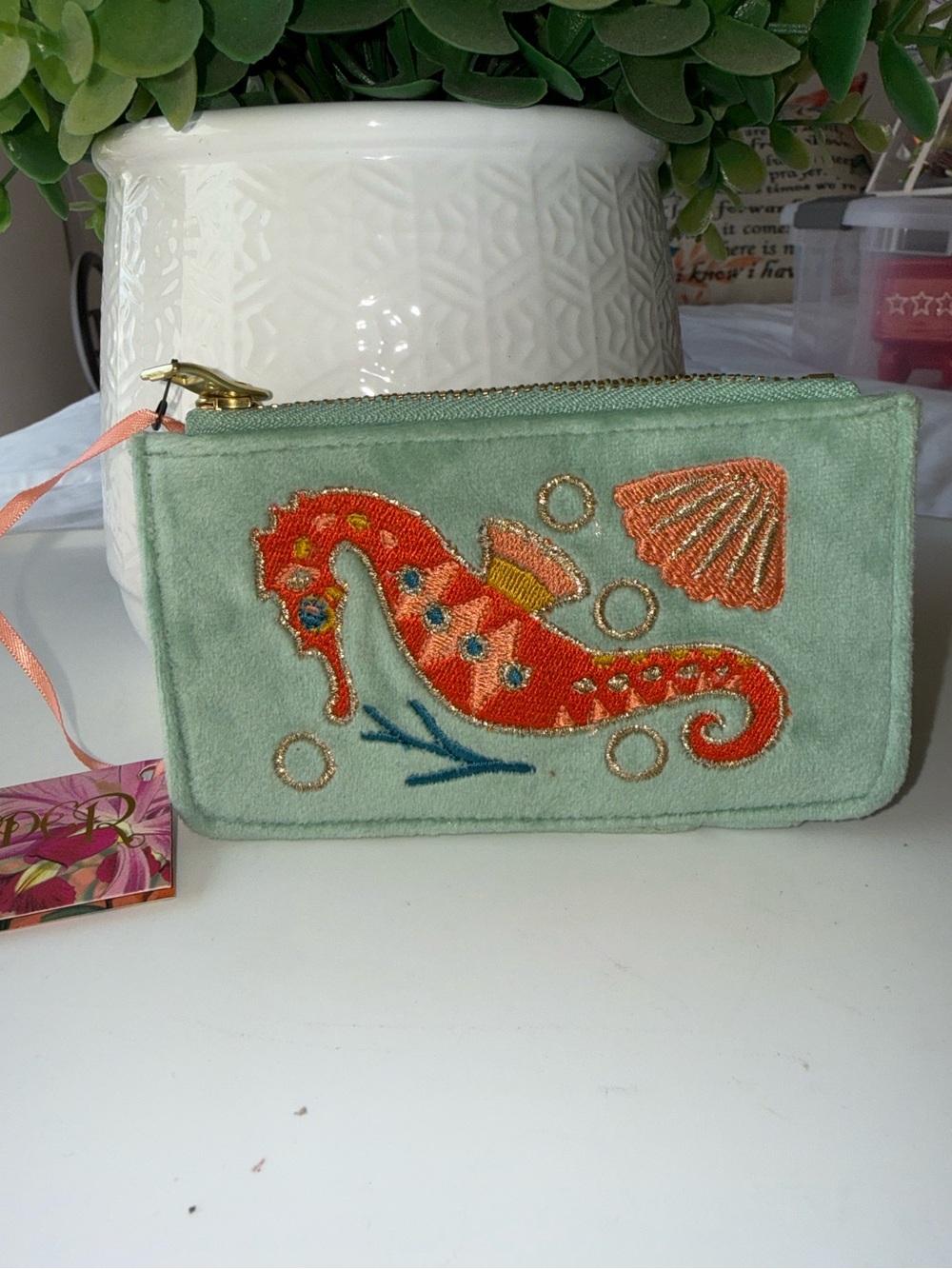 NWT- Powder Seahorse Embroidered Zip Card Holder - Mint Green